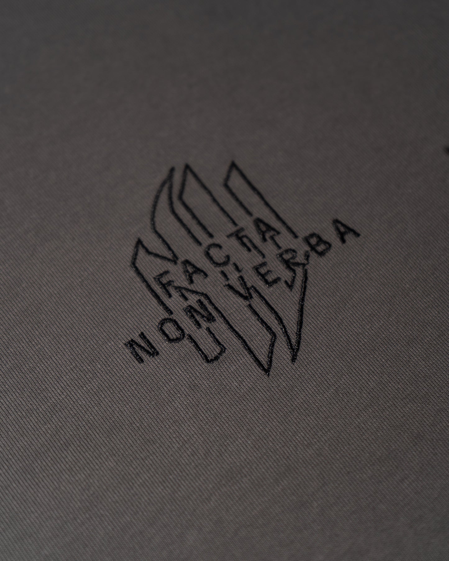 Logotipo de Non Verba bordado sobre el pecho de una camsieta gris.